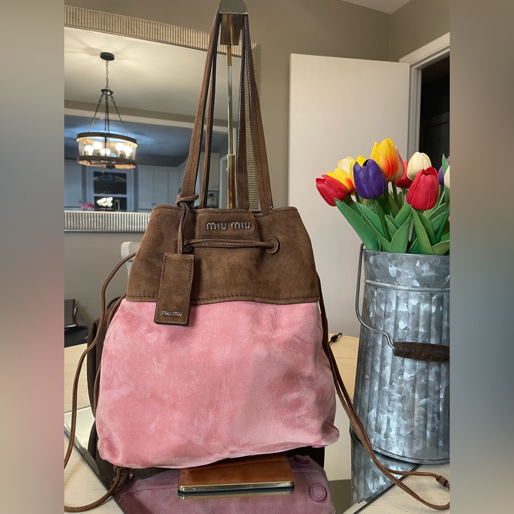 Miu Miu Pink and Brown Suede Drawstring Shoulder Bag